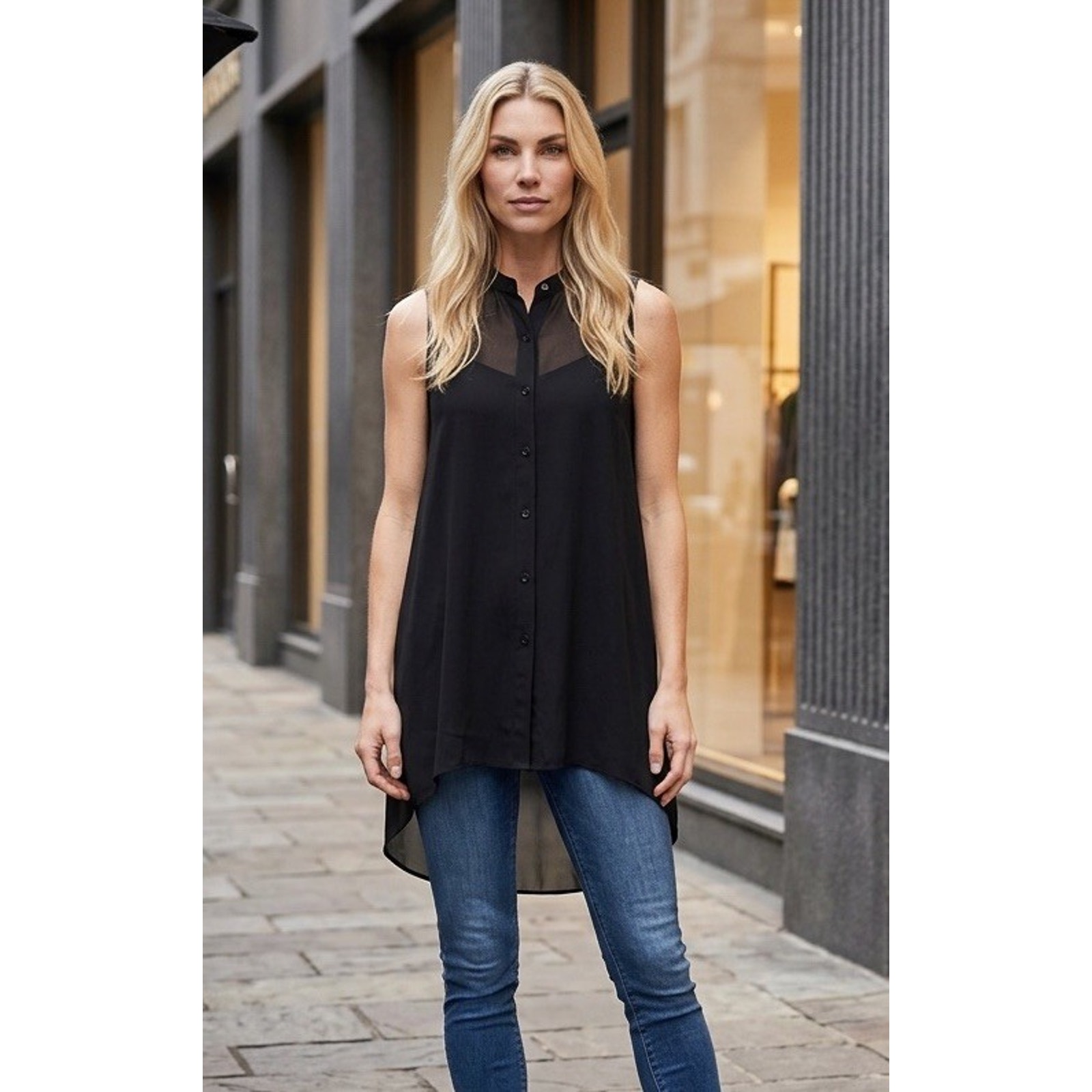 Eileen Fisher Size L Silk Mandarin Collar Tunic Sheer Black High Low Button Top